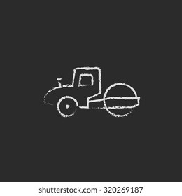 Road roller hand drawn in chalk on a blackboard vector white icon isolated on a black background.