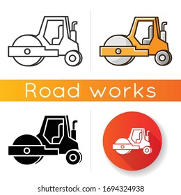Road roller icon. Compactor type vehicle for construction works. Roadworks transportation. Heavy machinery for paving. Linear black and RGB color styles. Isolated vector illustrations