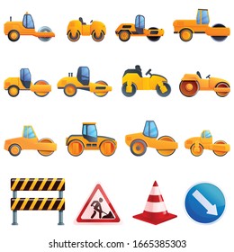 Iconos de rodillos de carretera establecidos. Conjunto de dibujos animados de iconos vectoriales de rodillos para el diseño web