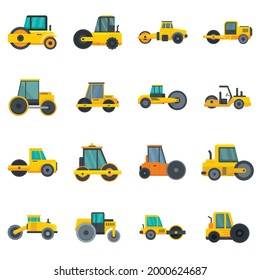 Road roller icons set. Flat set of road roller vector icons isolated on white background