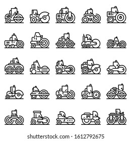 Road roller icons set. Outline set of road roller vector icons for web design isolated on white background