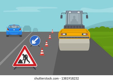 Road roller makes the paving on higway or street. Road under construction. Flat vector illustration.