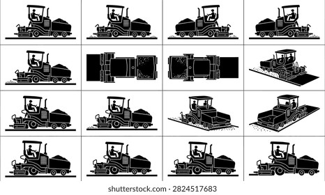 Road roller and paving machine silhouettes icon set