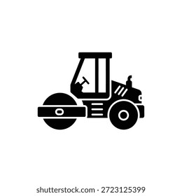Rodillo de carretera o Steamroller Icono de vehículo de construcción en blanco y negro
