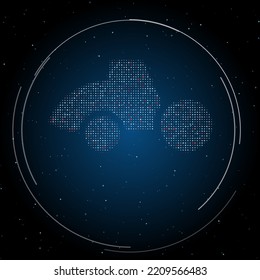 The road roller symbol filled with white dots. Pointillism style. Some dots is red. Vector illustration on blue background with stars