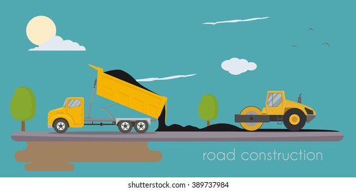 Road roller and truck making road