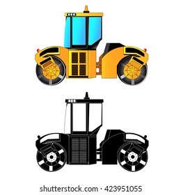 Road roller, vector illustration. Asphalt compactor. Isolated on white. Icon. Flat style. Silhouette.