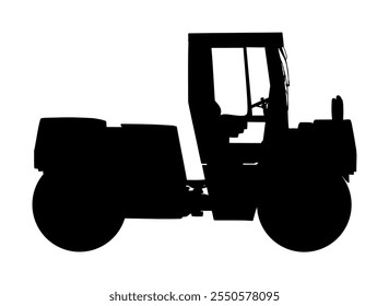 Road roller working on road construction site vector silhouette illustration isolated on white. Asphalt roller shape heavy industrial machine. Asphalt paving repair street. Under construction area.