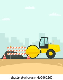 Road roller working on the construction of new road in the city