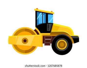 Road roller. Yellow construction asphalt roller truck transportation for builders vector yellow vehicle