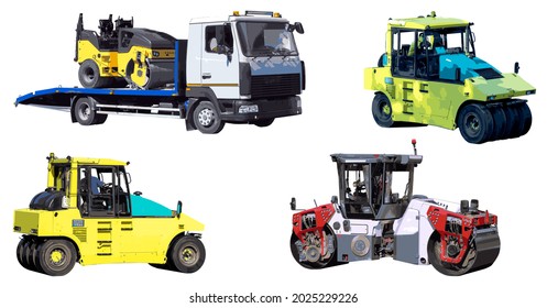 Road rollers of various designs for soil compaction isolated on a white background. Transportation of the road roller on a stationary tow truck platform. Illustration. Vector, eps10.