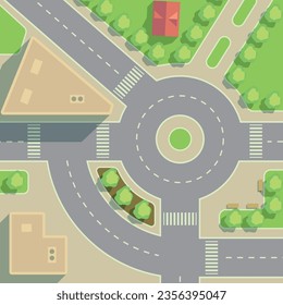 Road roundabout and crossroads top view. Empty streets