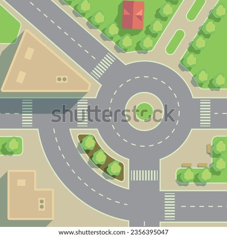 Road roundabout and crossroads top view. Empty streets