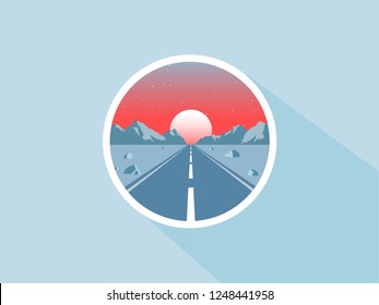 Road route on the way to sunset. Road to success. Vector flat illustration. 