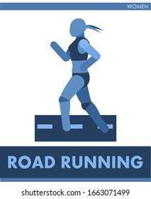 Road run pictogram. Woman competes in road running. Icon of sportswoman track and field. Women or girls athletics. Run. International female summer sports. Symbolic image is one of a series. Vector 