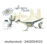 road runner bird hunting vector illustration, arizona wild desert vector art, cactus desert artwork for t shirt, poster, graphic print, western wild animal