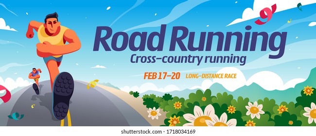 Road running event banner design with energetic competitors passing by flourish plants