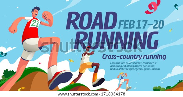 Road running event banner design with\
energetic competitors crossing different\
terrains