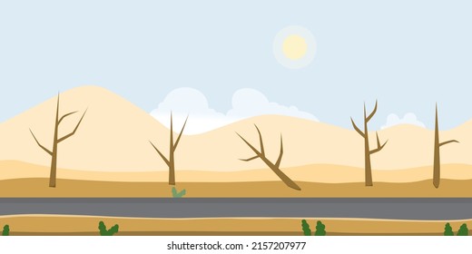 Hay una carretera en medio de un entorno árido, con árboles secos a ambos lados. Paisaje veraniego con colinas ondulantes en el campo.
