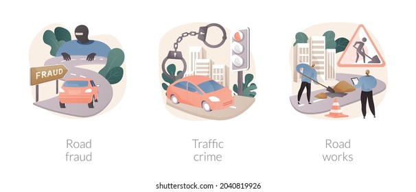 Road safety abstract concept vector illustration set. Traffic crime and fraud, road works, fellow traveller, hitchhiking, criminal traffic, construction and repair, speed limit sign abstract metaphor.