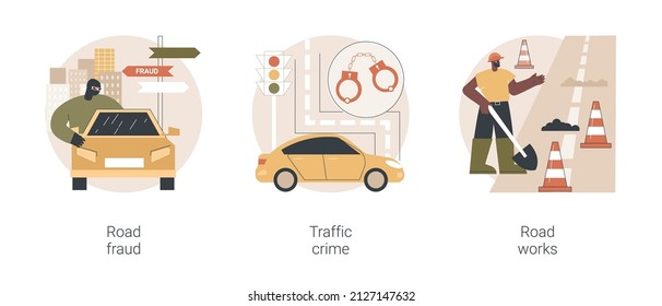 Road safety abstract concept vector illustration set. Traffic crime and fraud, road works, fellow traveller, hitchhiking, criminal traffic, construction and repair, speed limit sign abstract metaphor.