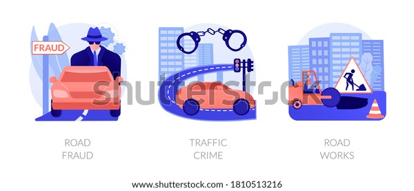 Road safety abstract concept vector\
illustration set. Traffic crime and fraud, road works, fellow\
traveller, hitchhiking, criminal traffic, construction and repair,\
speed limit sign abstract\
metaphor.