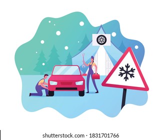 Road Safety, Accident, Garage Service Concept. Mechanics Characters Change Summer Car Tyres on Winter ones. Professional Transportation Expertise, Repairman Work. Cartoon People Vector Illustration