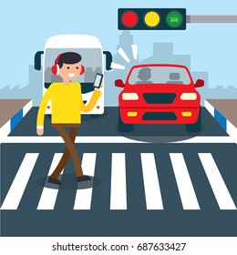 Road safety campaign illustration. A man carelessly cross the road while listening to his phone.