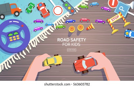 Road safety for kid template in flat style.Vector illustration of kids toy cars traffic signs wheel machine with a remote control lying on floor top view. Preschooler learning studying