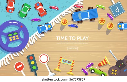 Road safety for kid template in flat style.Vector illustration of kids toy cars traffic signs wheel machine with a remote control lying on floor top view. Preschooler learning studying