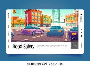 Road Safety Landing Page Template. Vector Cartoon Illustration Of Many Cars Riding Urban Street With High Buildings, Bridge. Responsible Driving In Heavy City Traffic. Information Mobile App Interface