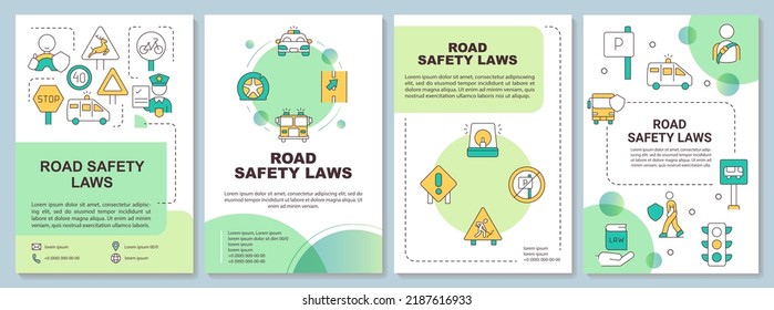 Road safety laws green brochure template. Driving regulations. Leaflet design with linear icons. Editable 4 vector layouts for presentation, annual reports. Arial-Bold, Myriad Pro-Regular fonts used