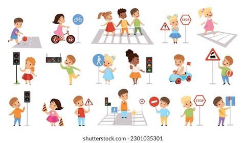 Road safety rules for children set. Kids crossing street along crosswalk and learning about traffic signs cartoon vector Illustration