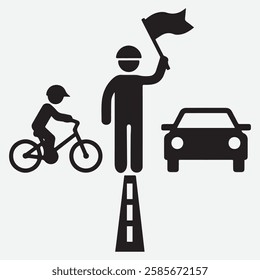 Road Safety Silhouette Vector: Crossing Guard, Cyclist, and Car