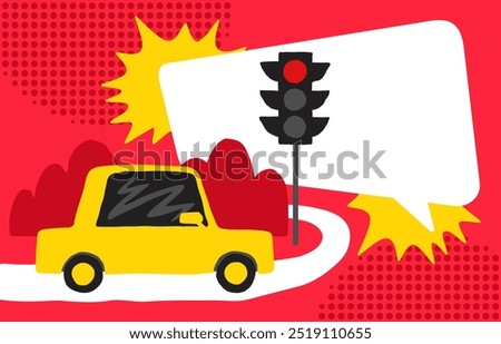 Road safety and traffic rules - abstract doodle car driving near the semaphore traffic light, pop art poster style