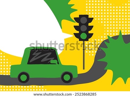 Road safety and traffic rules - abstract doodle car driving near the semaphore traffic light, pop art poster style