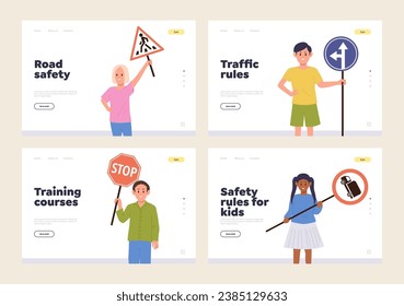 Road safety, traffic rules online training course for children landing page template isolated set