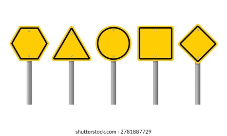 Road safety traffic signage element pack, minimalist flat style, blank warning templates, hazard notices, and metal markers