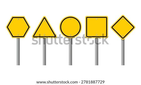 Road safety traffic signage element pack, minimalist flat style, blank warning templates, hazard notices, and metal markers