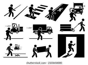 Road safety walkway and heavy vehicle loading bay. Warning sign, danger risk symbol, and safety precaution at workplace. People road crossing, docking bay, lorry forklift moving, and emergency exit. 