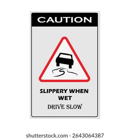 Sinal de aviso de segurança rodoviária com as mensagens "Drive Slow" e "Slippery When Wet" com um ícone de derrapagem do carro. Ideal para estradas, estacionamentos, rodovias e alertas de precaução em superfícies molhadas.