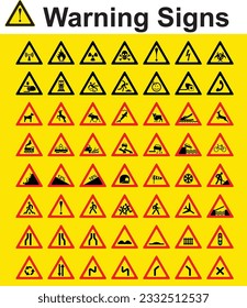 Road safety or warning signages in yellow background