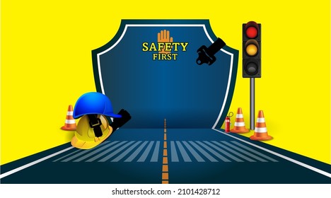 Road Safety Week day. Safety first road with traffic light, helmets, seat belt and zebra crossing sign