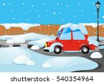 Road scene with car covered by snow illustration