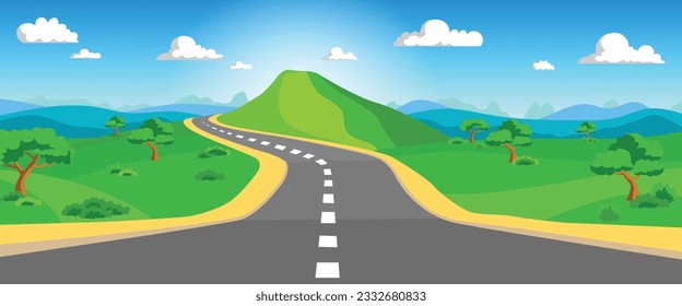 Road scenery surrounded by meadows, trees and mountains. clear sky. beautiful nature. vector illustration.