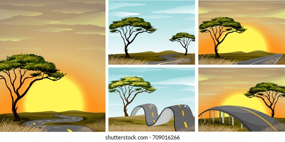 Road scenes in savanna field at sunset illustration