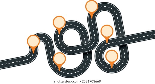 Esquema rodoviário com alfinetes de navegação. Modelo de cor de roteiro