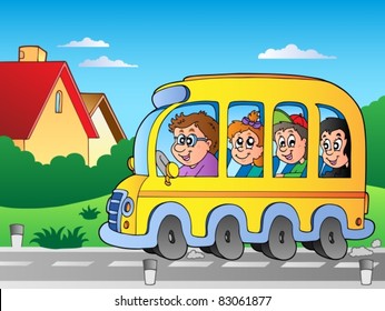 Road with school bus 1 - vector illustration.