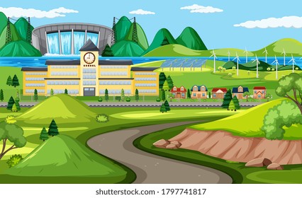 Road to school in nature scene illustration