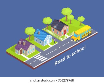 Road to school through cottage town with crosswalk, main road, green lawn and garden full of trees vector isometric illustration isolated on blue